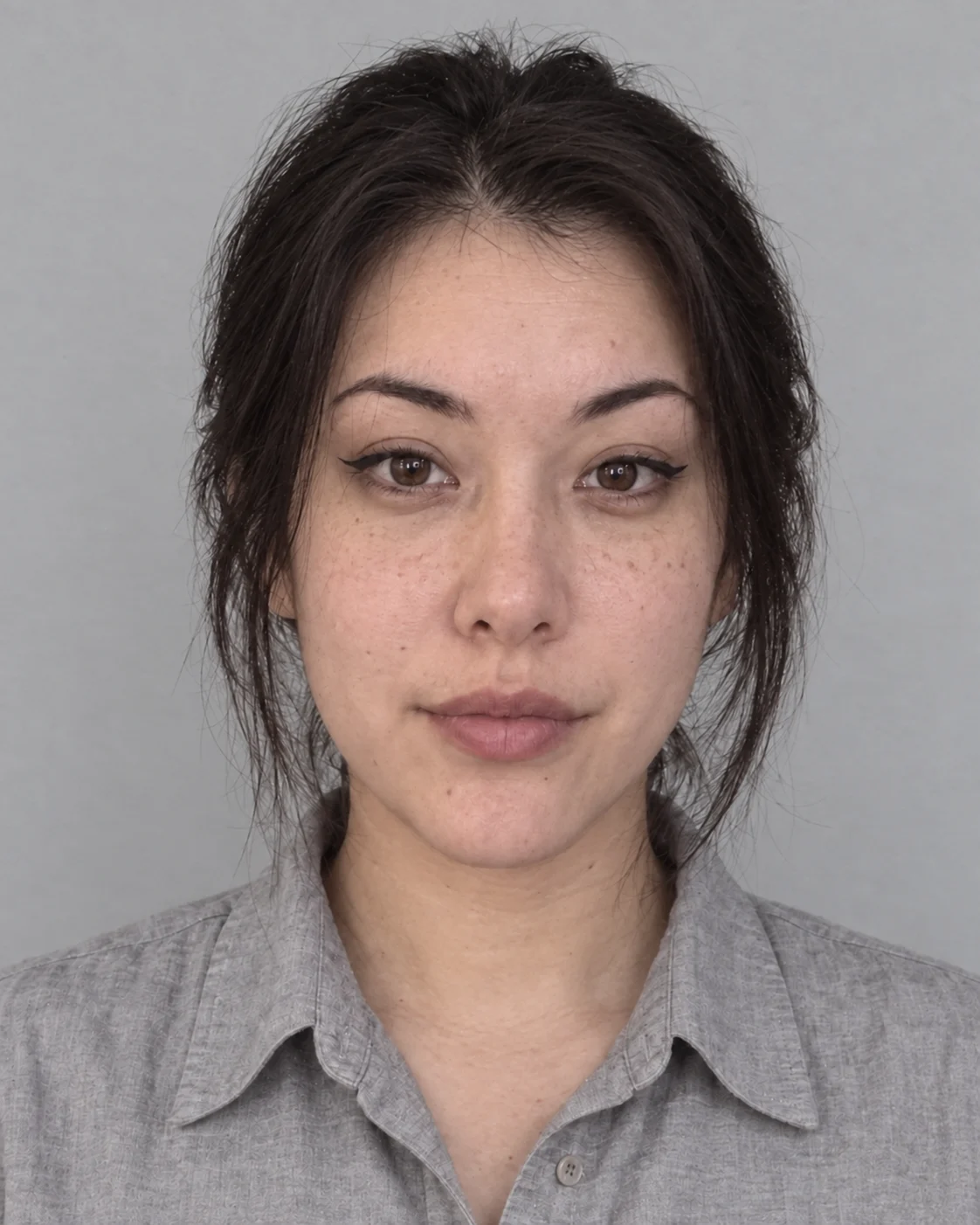 Explanatory ID-style portrait: an adult photographed against a plain gray wall, hair tied back, wearing a gray collared shirt.